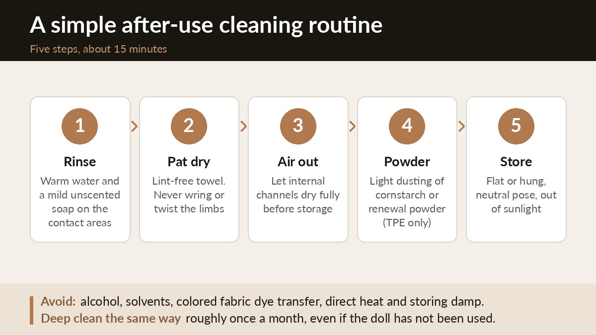 Five step after-use cleaning routine for a sex doll: rinse, pat dry, air out, powder, store