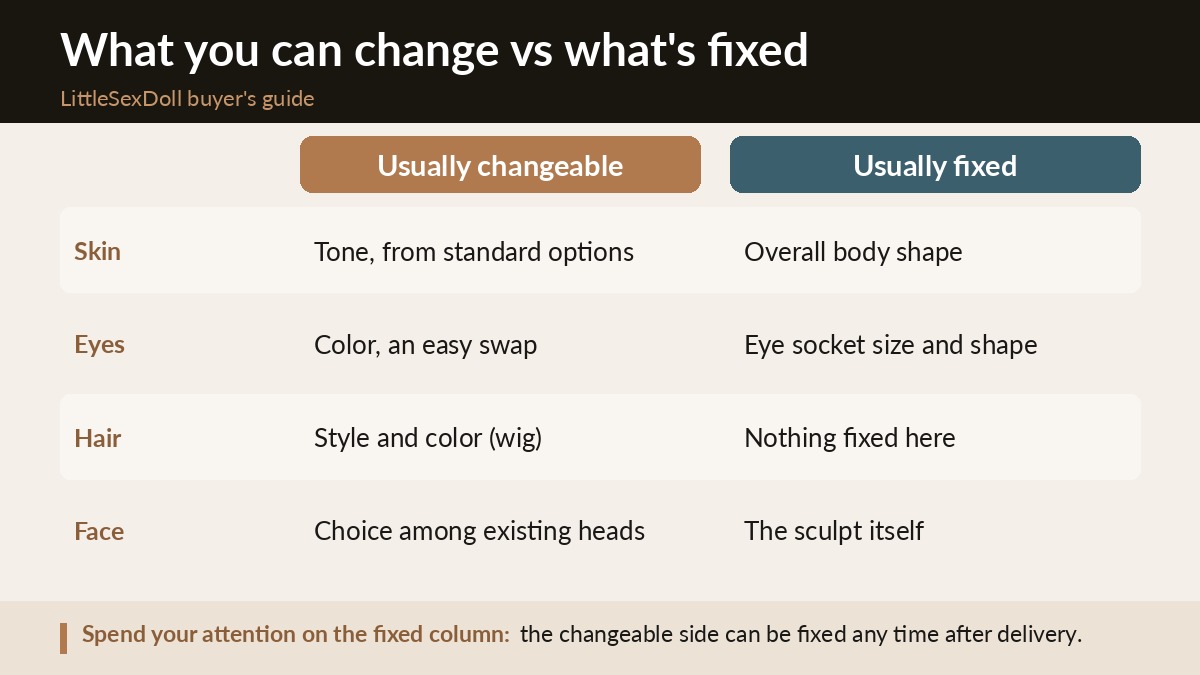 Two column comparison of sex doll features that can be customized versus features that are fixed by the manufacturing mold