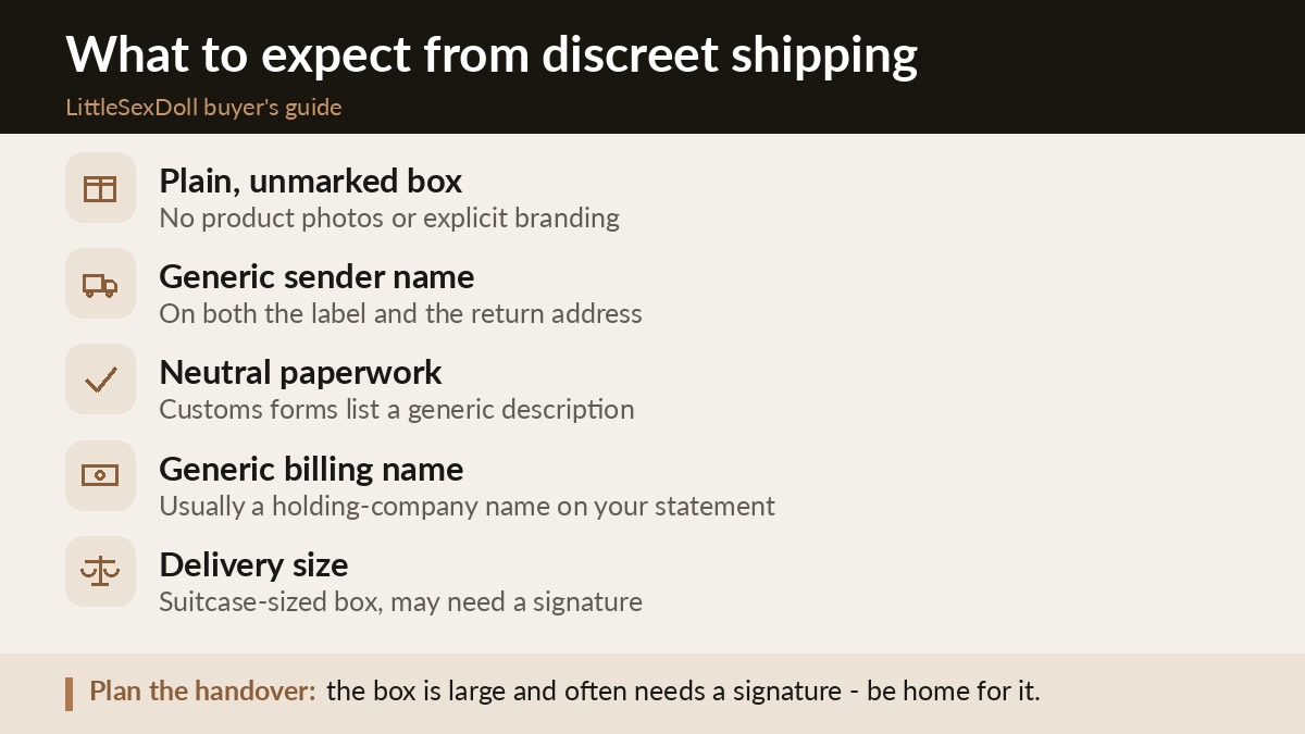 Checklist of what to expect from discreet sex doll shipping: plain box labeling, generic sender name, and delivery-day logistics