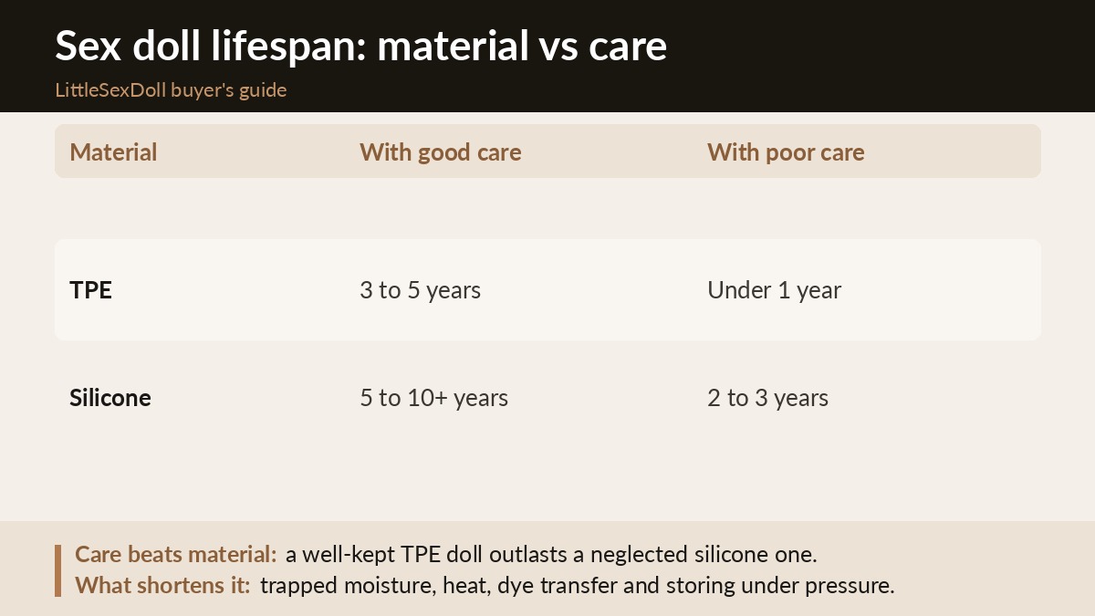 Chart comparing typical sex doll lifespan for TPE versus silicone material under good care versus poor care