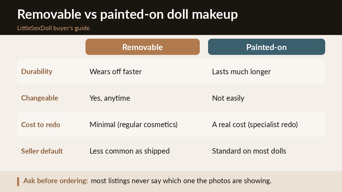 Comparison of removable versus painted-on sex doll makeup by durability, cost to redo, and default seller options