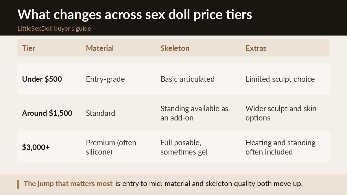 Table showing what changes in material, skeleton, and features across sex doll price tiers from entry level to premium