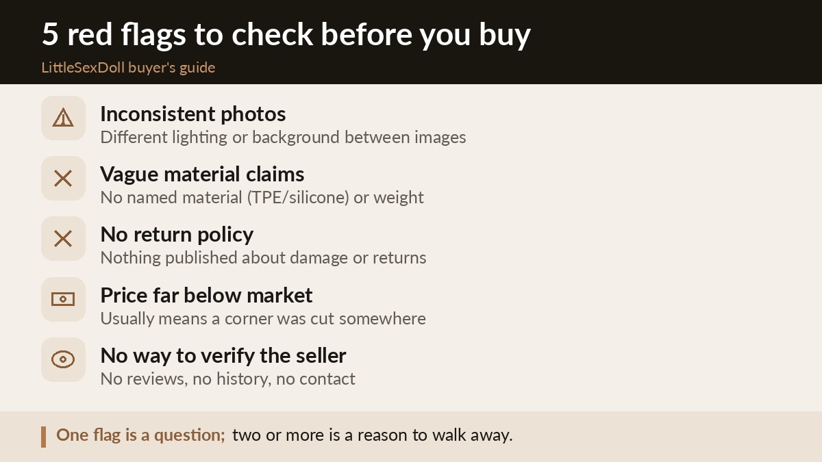Checklist of red flags to check for before buying a sex doll online: photos, specs, return policy, price, seller reviews