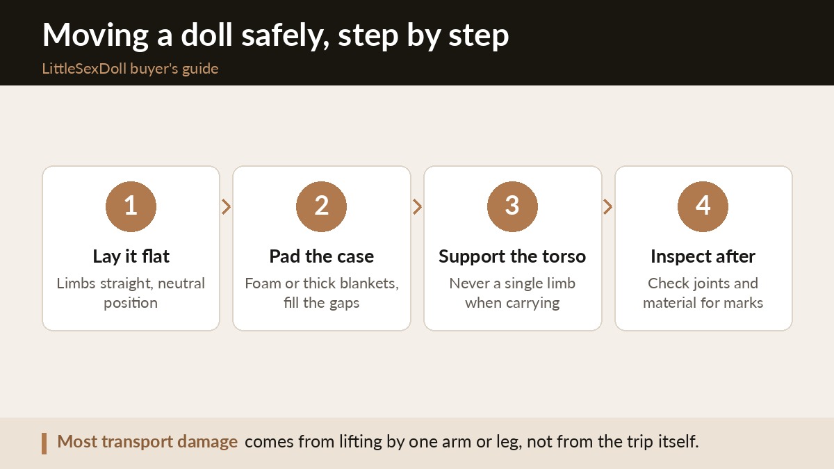 Four step guide to safely transporting a sex doll: pose flat, pad joints, box securely, carry with support