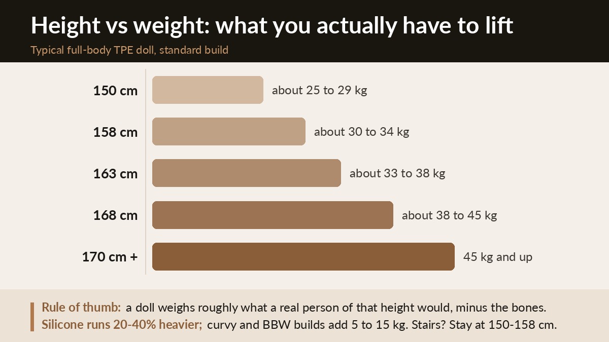 Chart showing typical sex doll weight by height, from 150cm at about 25kg up to 170cm at 45kg and above
