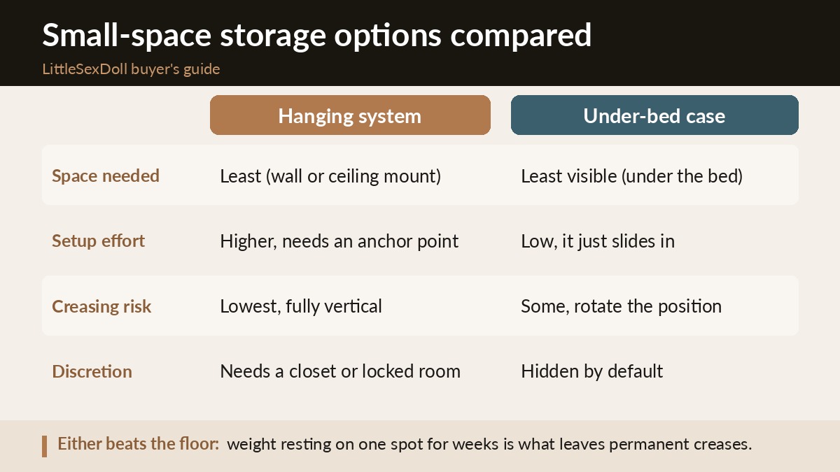 Comparison of small-space sex doll storage solutions: hanging systems, under-bed cases, and closet organizers