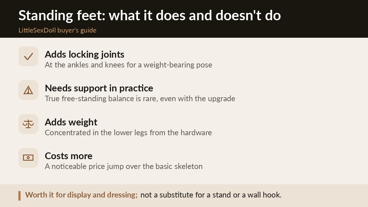 Diagram explaining what the standing-feet skeleton upgrade does and doesn't enable for a sex doll