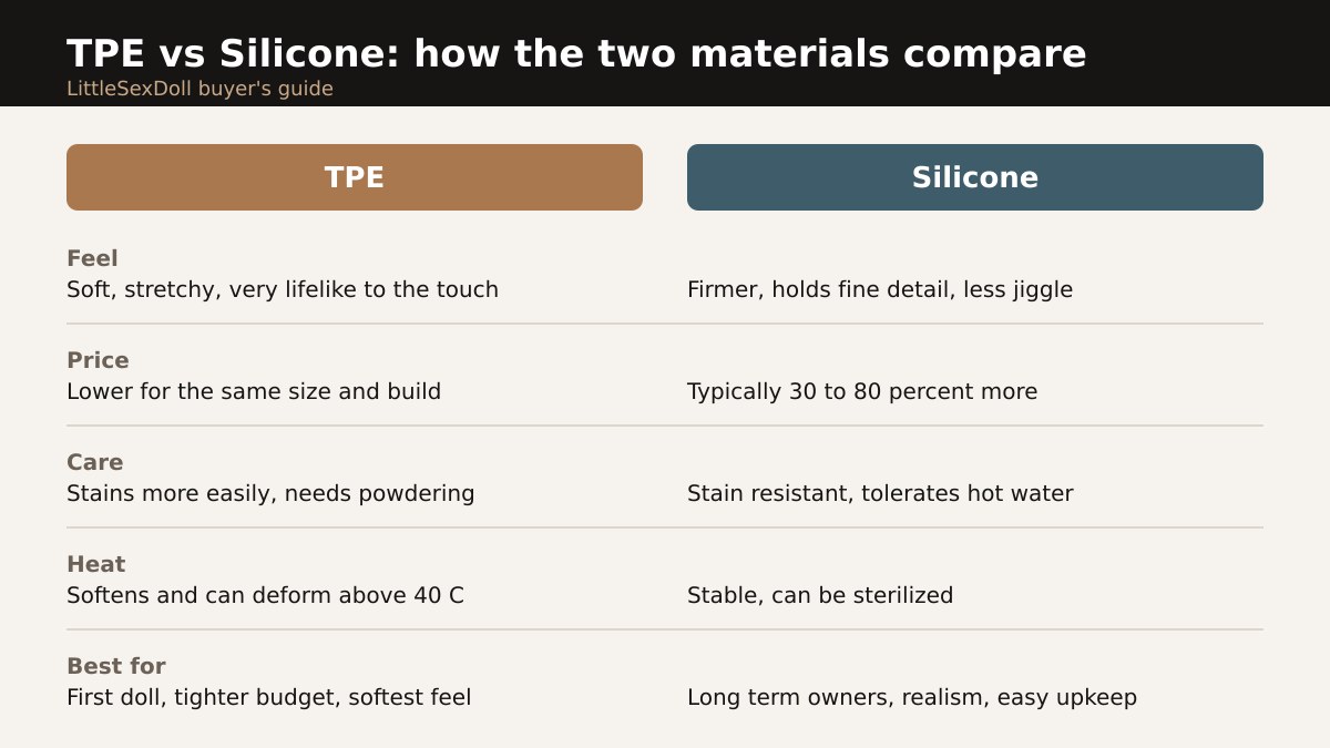 Comparison chart of TPE versus silicone sex doll material covering feel, price, care, heat resistance and best use
