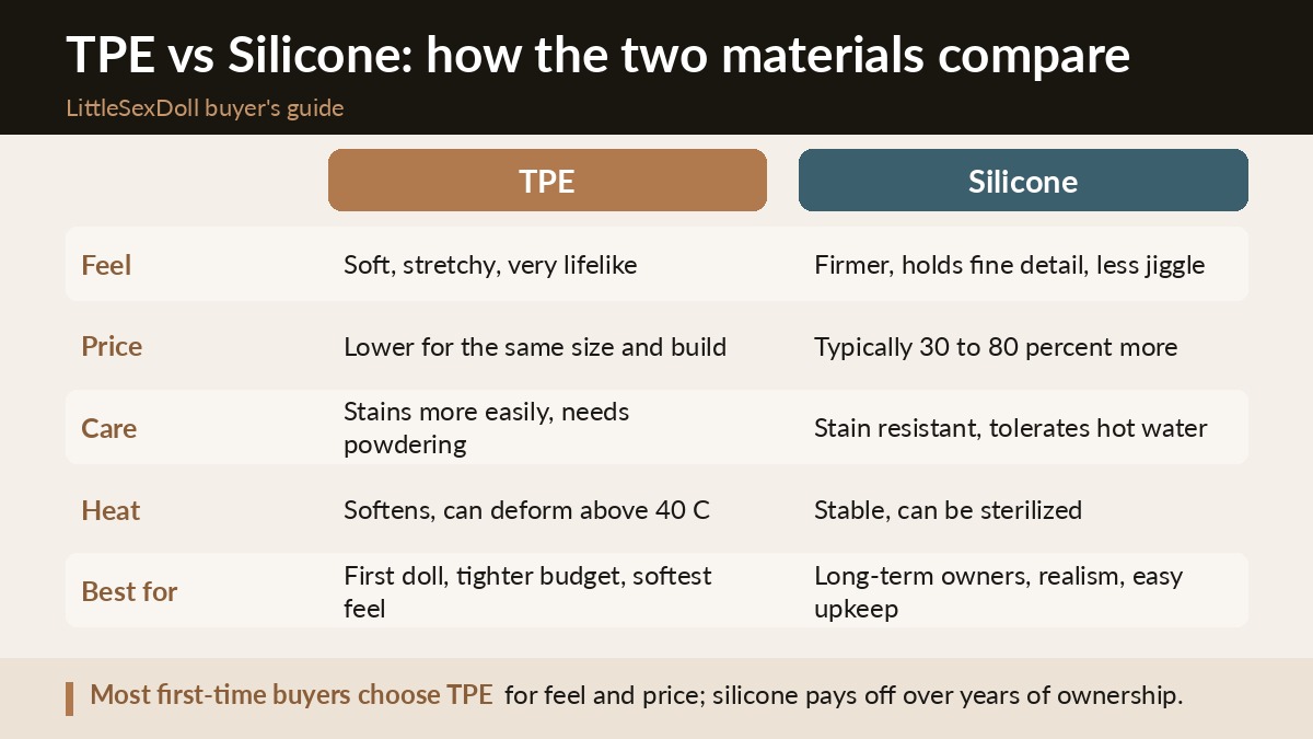 Comparison chart of TPE versus silicone sex doll material covering feel, price, care, heat resistance and best use