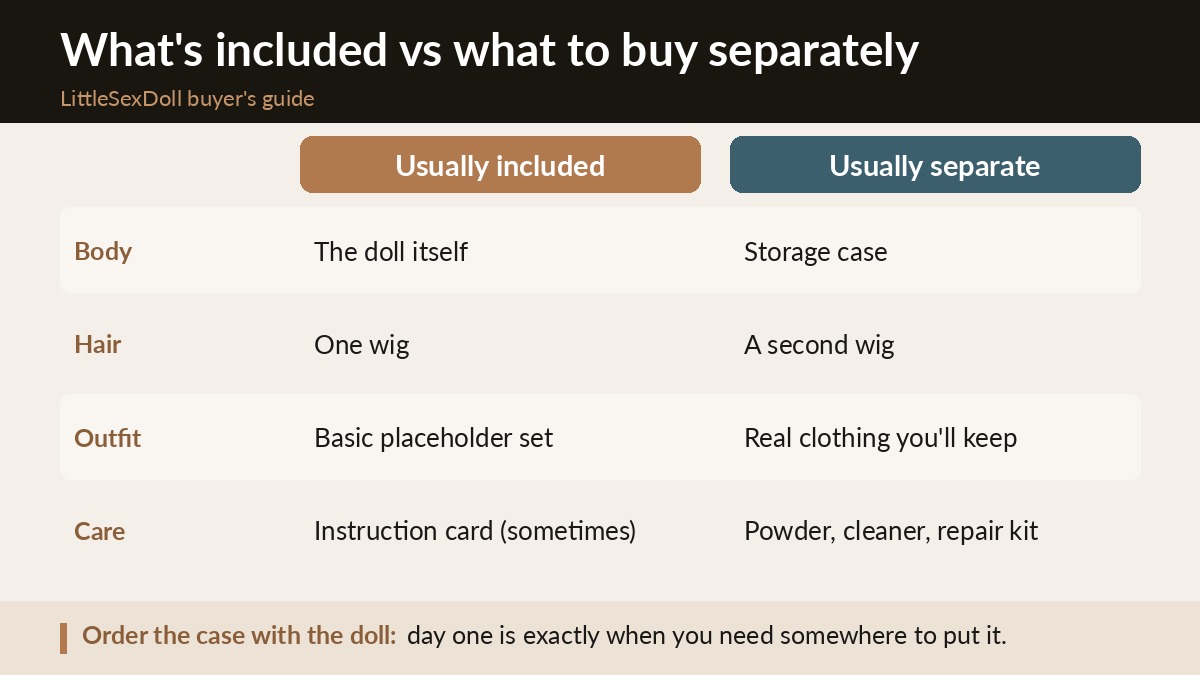 Checklist comparing what typically comes included with a sex doll versus what is usually bought separately