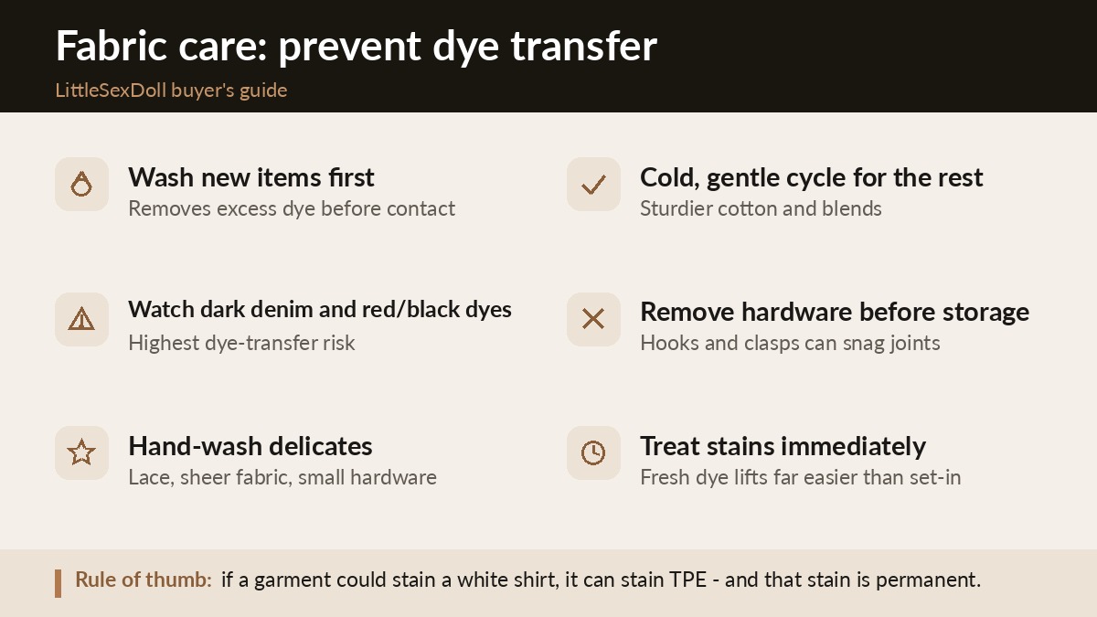 Fabric care checklist for sex doll clothing: washing new items, dye-transfer risk, and storage