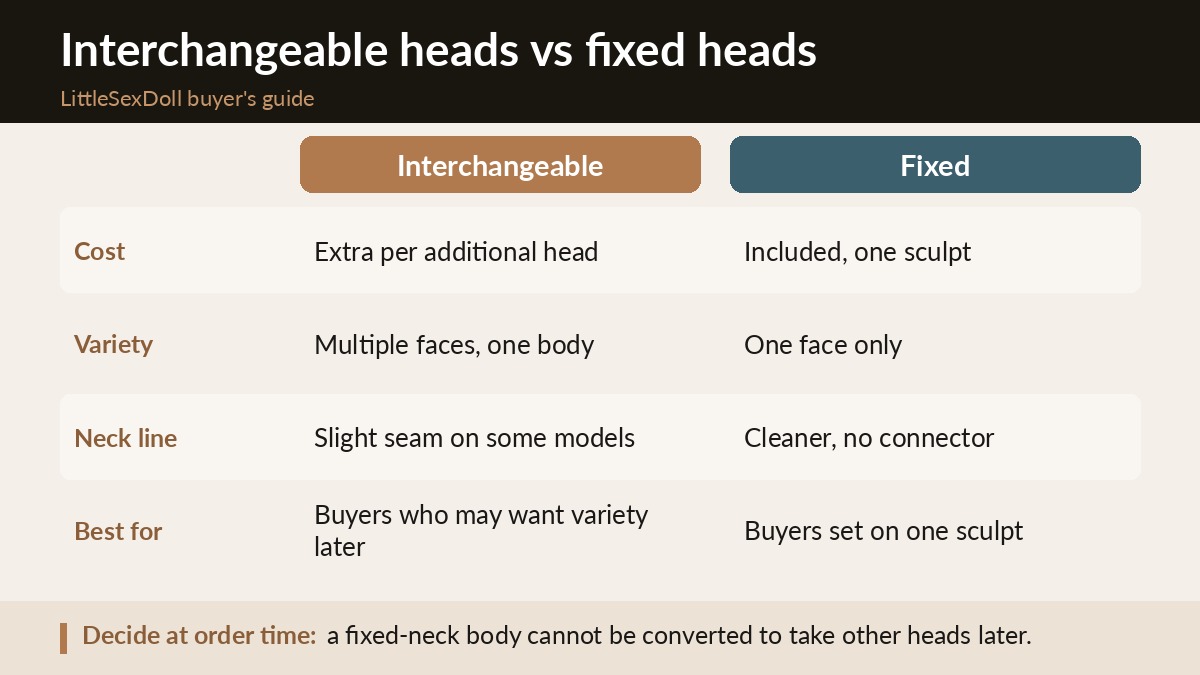 Comparison of interchangeable neck connector heads versus fixed heads on a sex doll